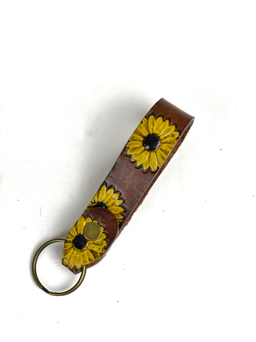 Tooled Leather Sunflower Key Fob Keychain Country Western Style Handmade  Christmas Gift Key Ring 