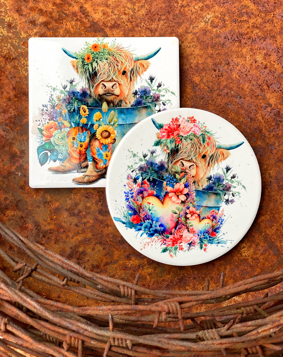 Western Cow Car Coasters Ceramic Stone Sublimation Set of 2