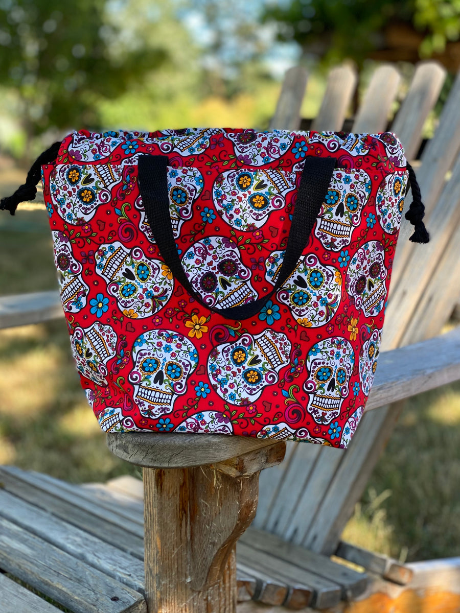 Day of the Dead Canvas offers Project Bag, Project Bag for Knitters, Handmade by Kitchen Klutter Bag Mexican Sugar Skulls