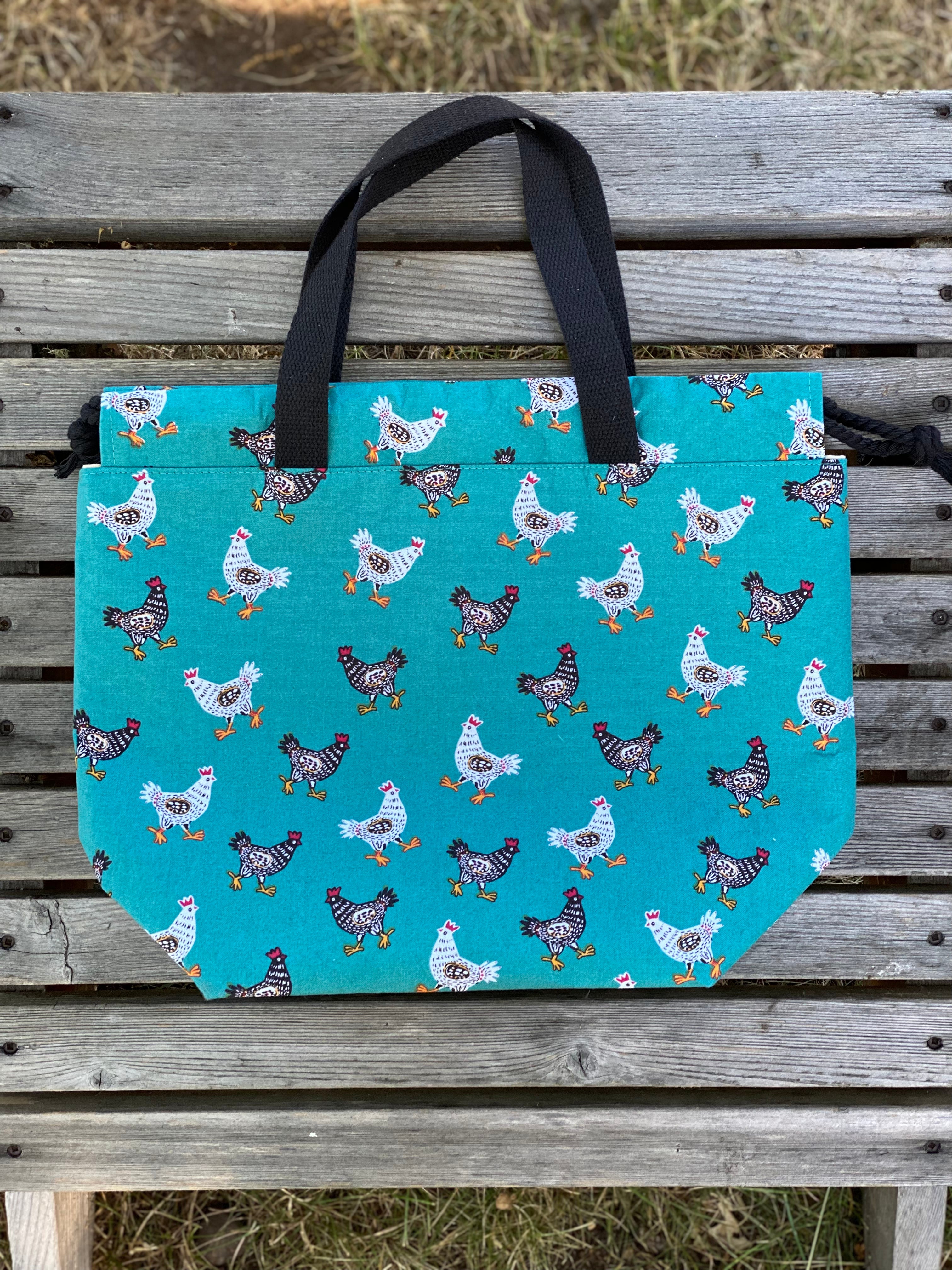 Teal Chicken Toss Cotton Project Bag, Project Bag for Knitters and Crocheters, Drawstring Bag