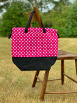 Hot Pink Polka Dot Project Bag, Project Bag for Knitters, Knitting Bag, Pink and Black Waxed Canvas Bag
