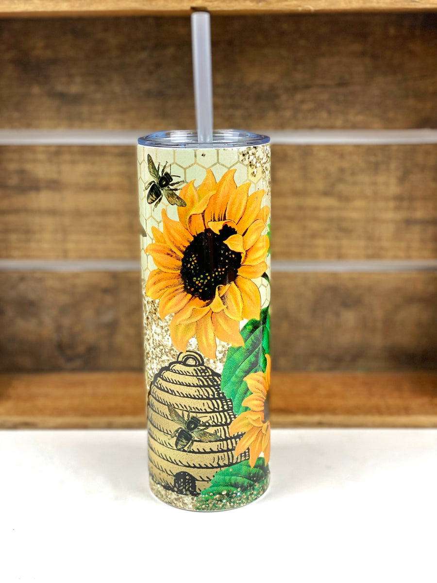 Sunflower Bee Hippie Personalized Stainless Steel Skinny Tumbler