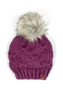 River Walk Beanie Womens Hand Knit Bulky Hat Wool Blend Faux Fur Pom