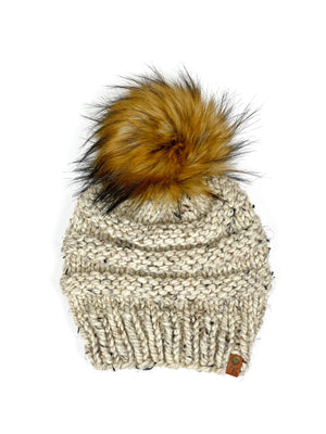 Freddie Beanie, Womens Knit Hat, Copy Cat Beanie, Wool Blend Adult Size with Faux Fur Pom