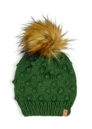 Knit Green Bobble Beanie, Womens Hand Knit Hat, Acrylic Yarn Faux Fur Pom