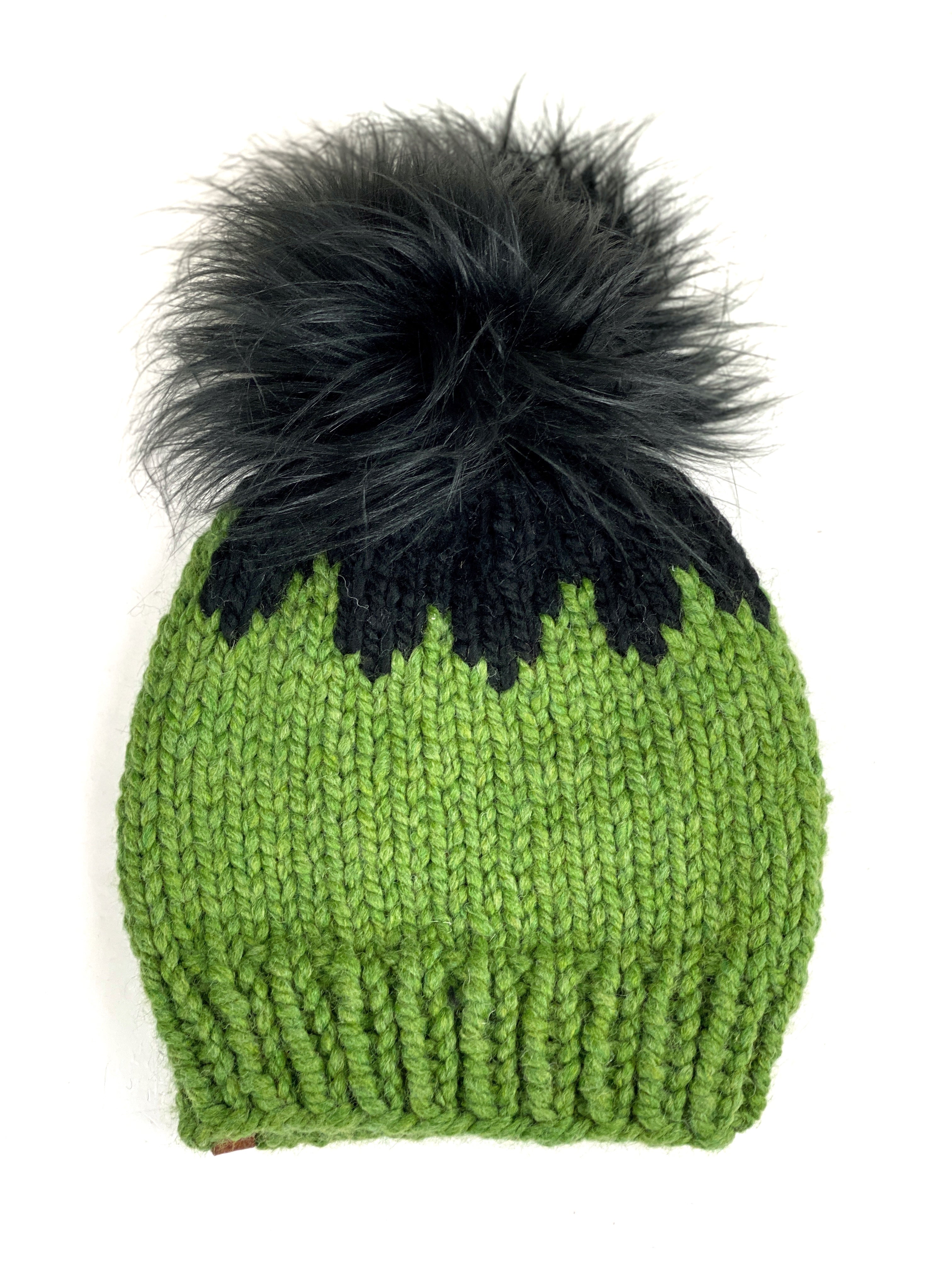 Franken Beanie Halloween Green and Black Hand Knit Hat Adult Womens Size