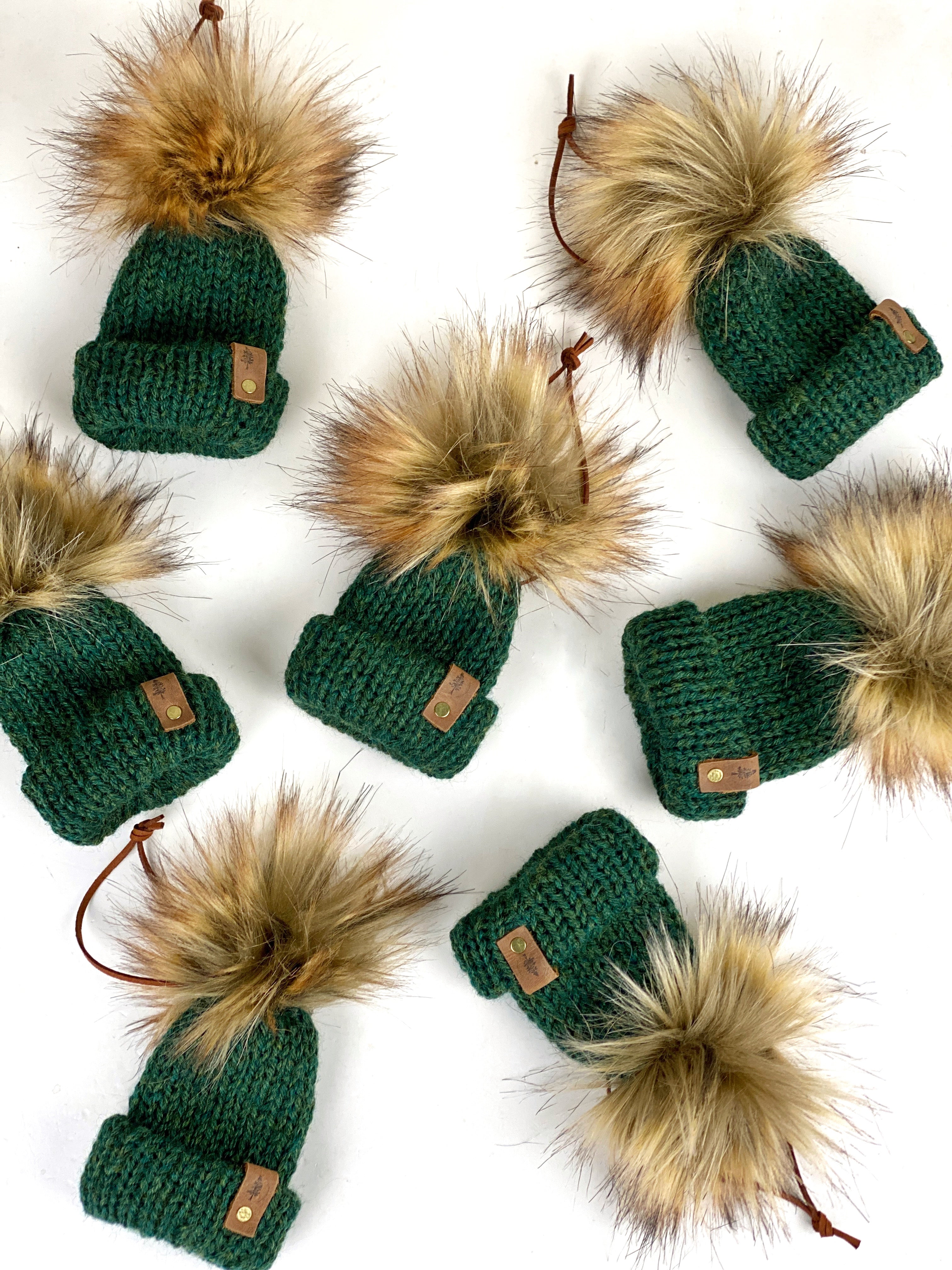 Wool Ease Mini Knit Hat Purse Charm or Tree Ornament, Acrylic/Wool Blend Folded Brim Tiny Hat Ornaments, Miniature Beanie Christmas Decor