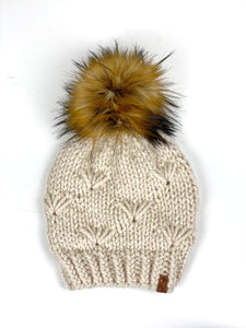 River Walk Beanie Hand Knit Wool Blend Faux Fur Pom Pom Hat