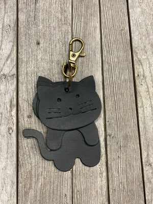 Leather Cat Keyring Purse Charm, Bag Clip on Cat Fob, Cute Cat Lovers Accessory