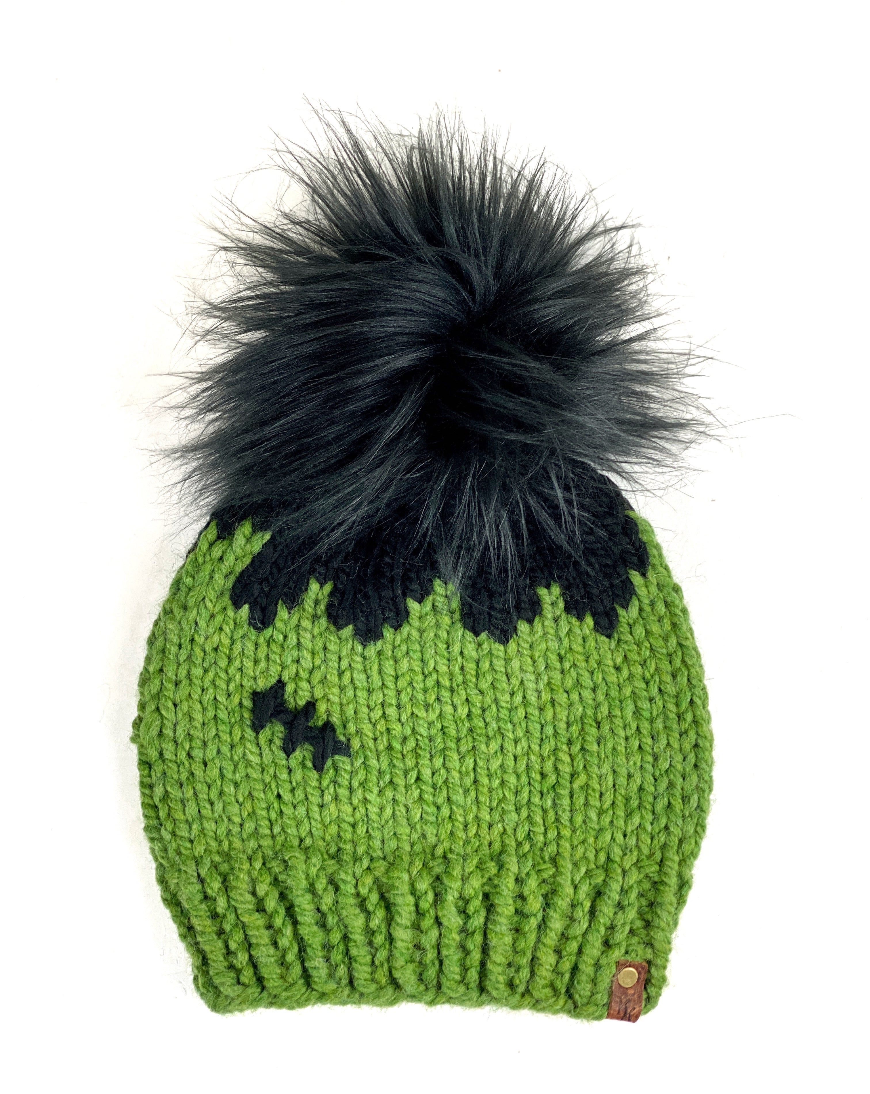 Franken Beanie Halloween Green and Black Hand Knit Hat Adult Womens Size