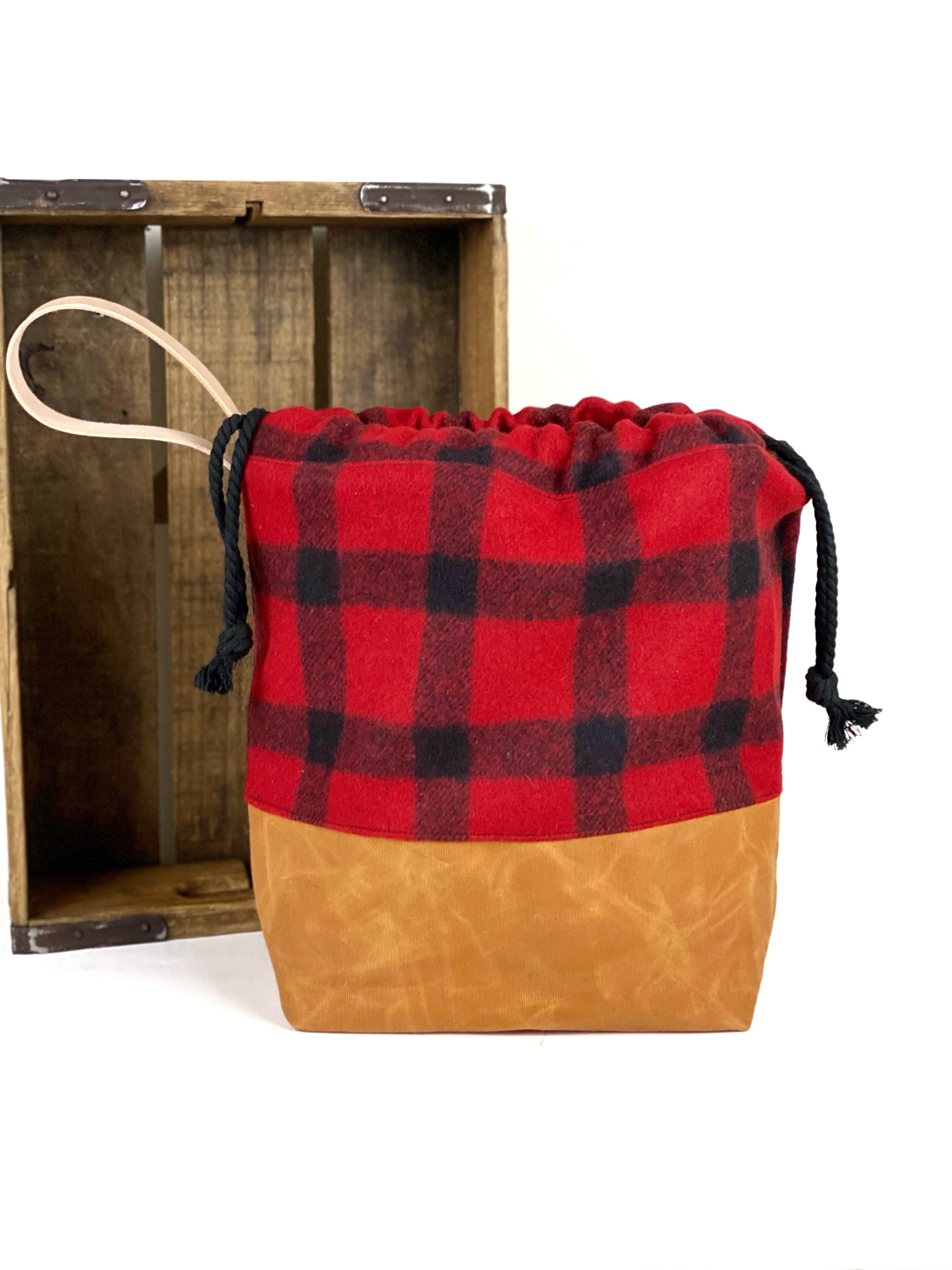 Buffalo Plaid Pendleton Wool & Whiskey Waxed Canvas Project Bag, Knitting Bag, Crochet Bag, Drawstring Bag