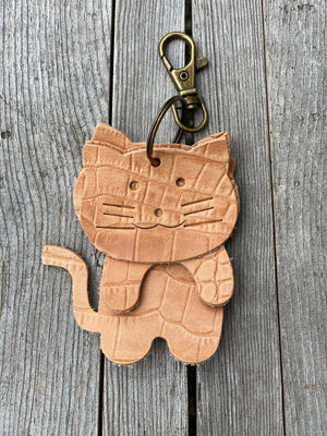 Leather Cat Keyring Purse Charm, Bag Clip on Cat Fob, Cute Cat Lovers Accessory