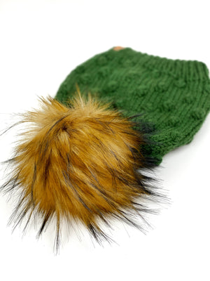 Knit Green Bobble Beanie, Womens Hand Knit Hat, Acrylic Yarn Faux Fur Pom