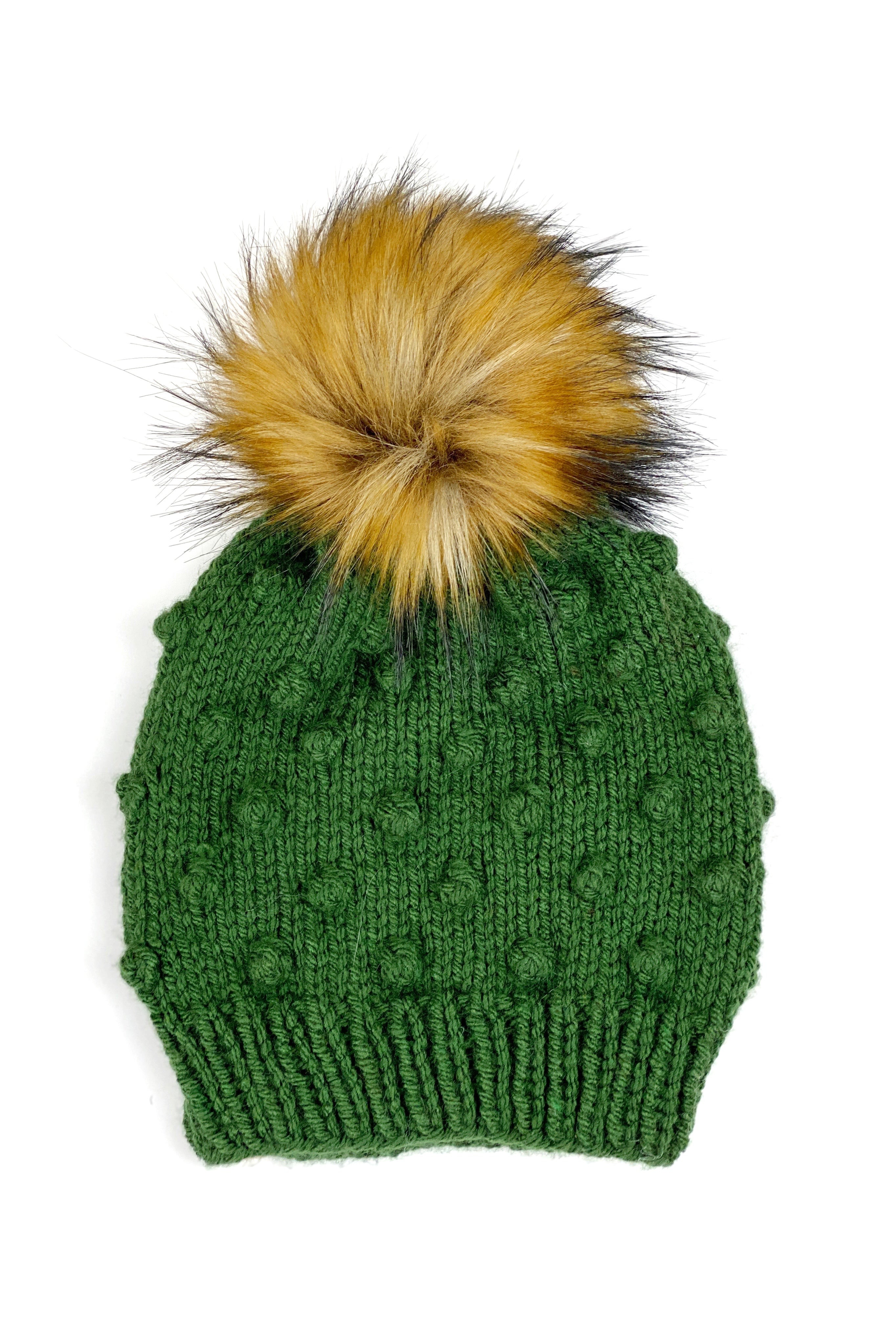 Knit Green Bobble Beanie, Womens Hand Knit Hat, Acrylic Yarn Faux Fur Pom