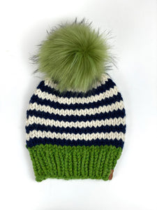 Striped Beanie Wool Blend Womens Adult Hat Faux Fur Pom Pom Hat