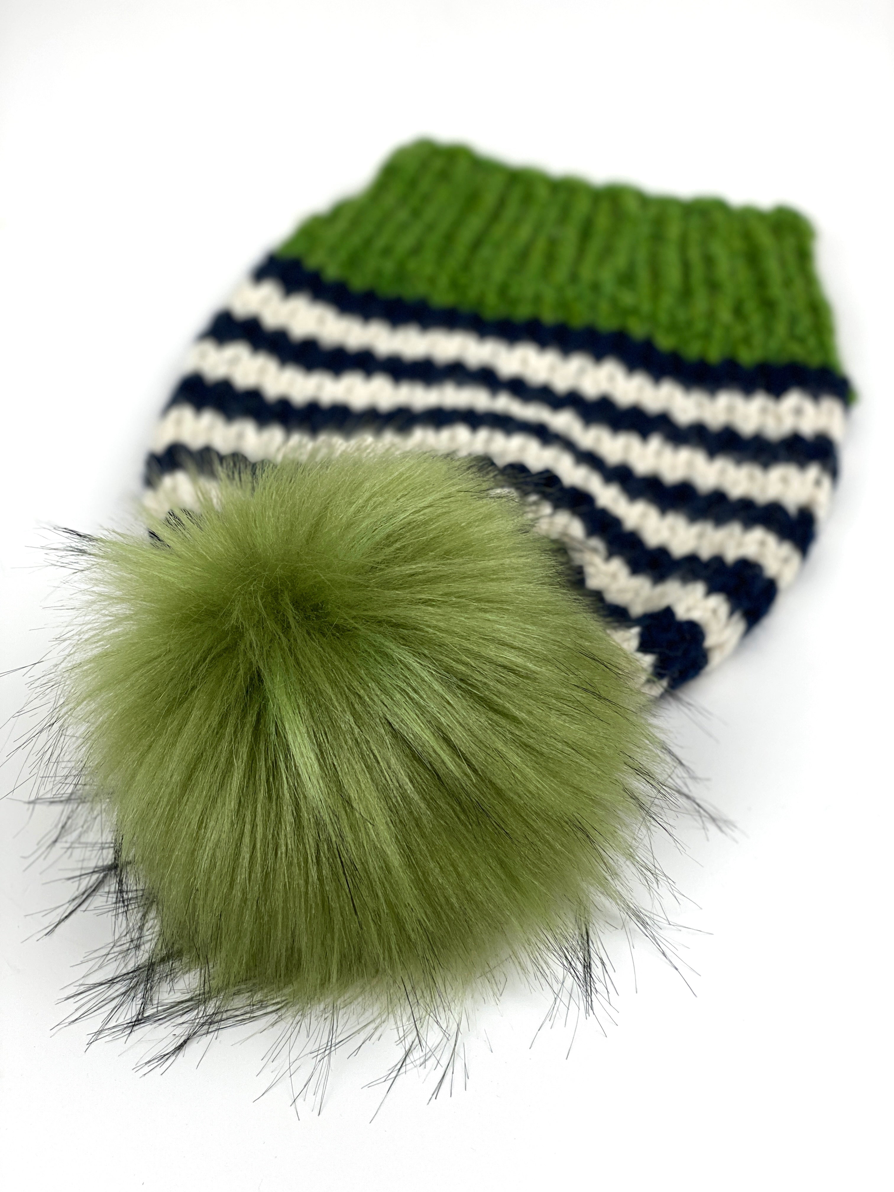 Striped Beanie Wool Blend Womens Adult Hat Faux Fur Pom Pom Hat