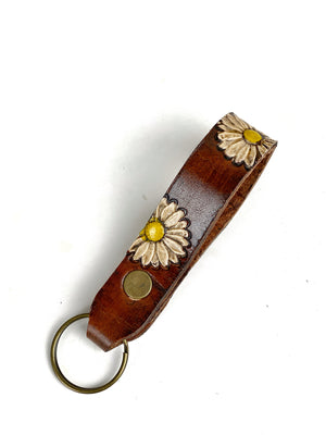 Wildflower Leather Key Fob, Hand Stamped Sunflower Key Fob, Painted Leather Daisy Flower Key Chain