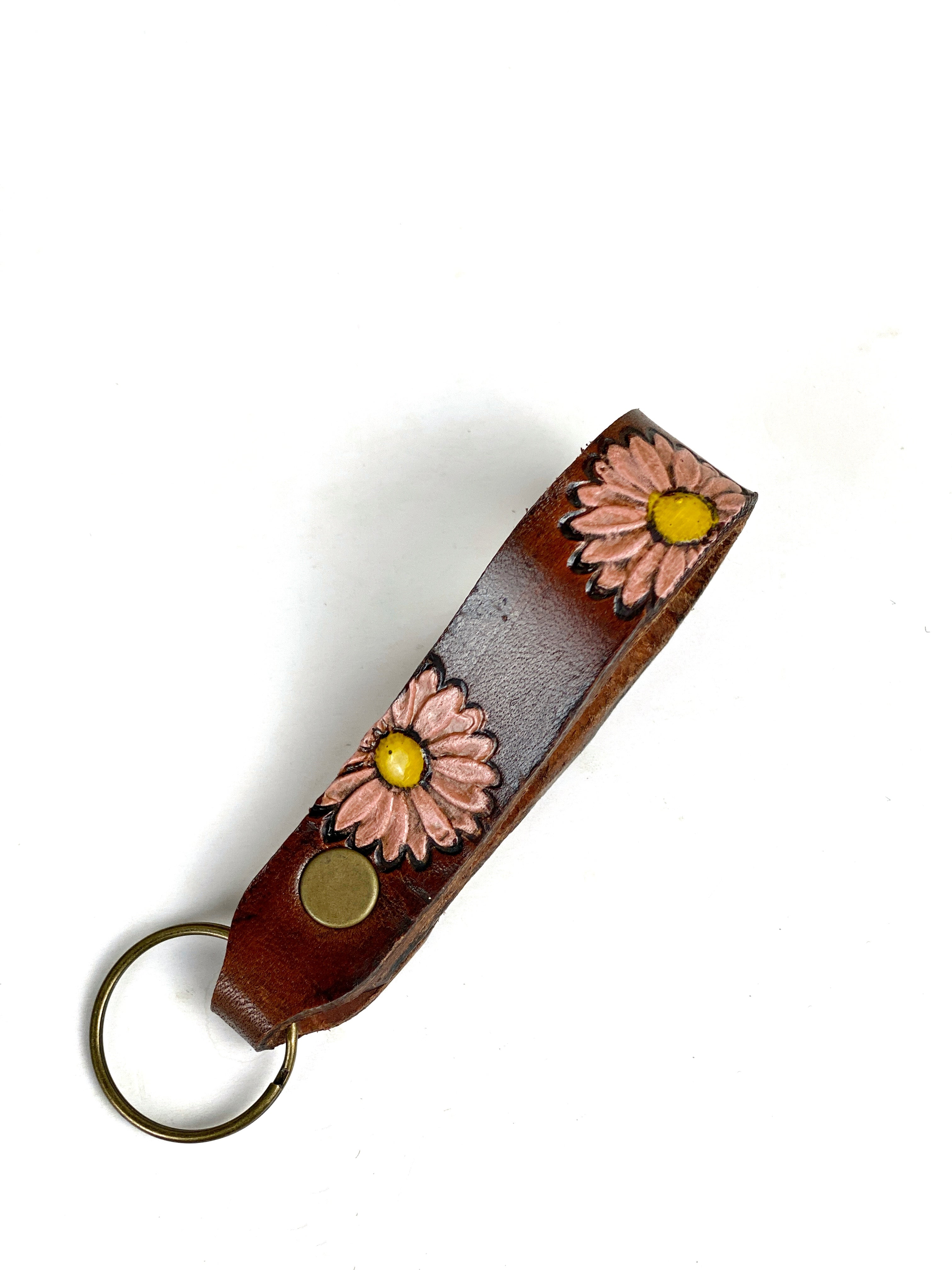 Wildflower Leather Key Fob, Hand Stamped Sunflower Key Fob, Painted Leather Daisy Flower Key Chain