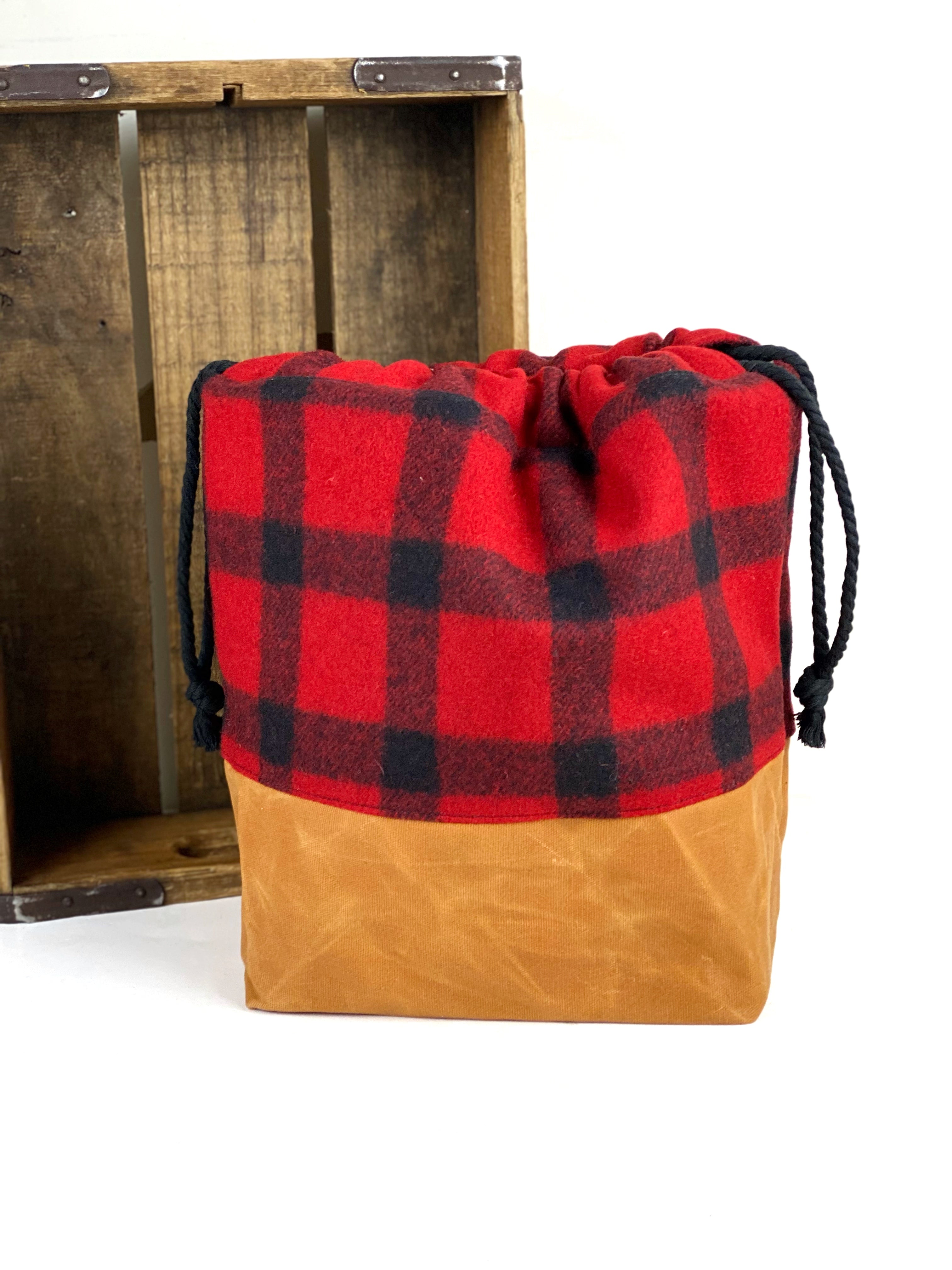 Buffalo Plaid Pendleton Wool & Whiskey Waxed Canvas Project Bag, Knitting Bag, Crochet Bag, Drawstring Bag