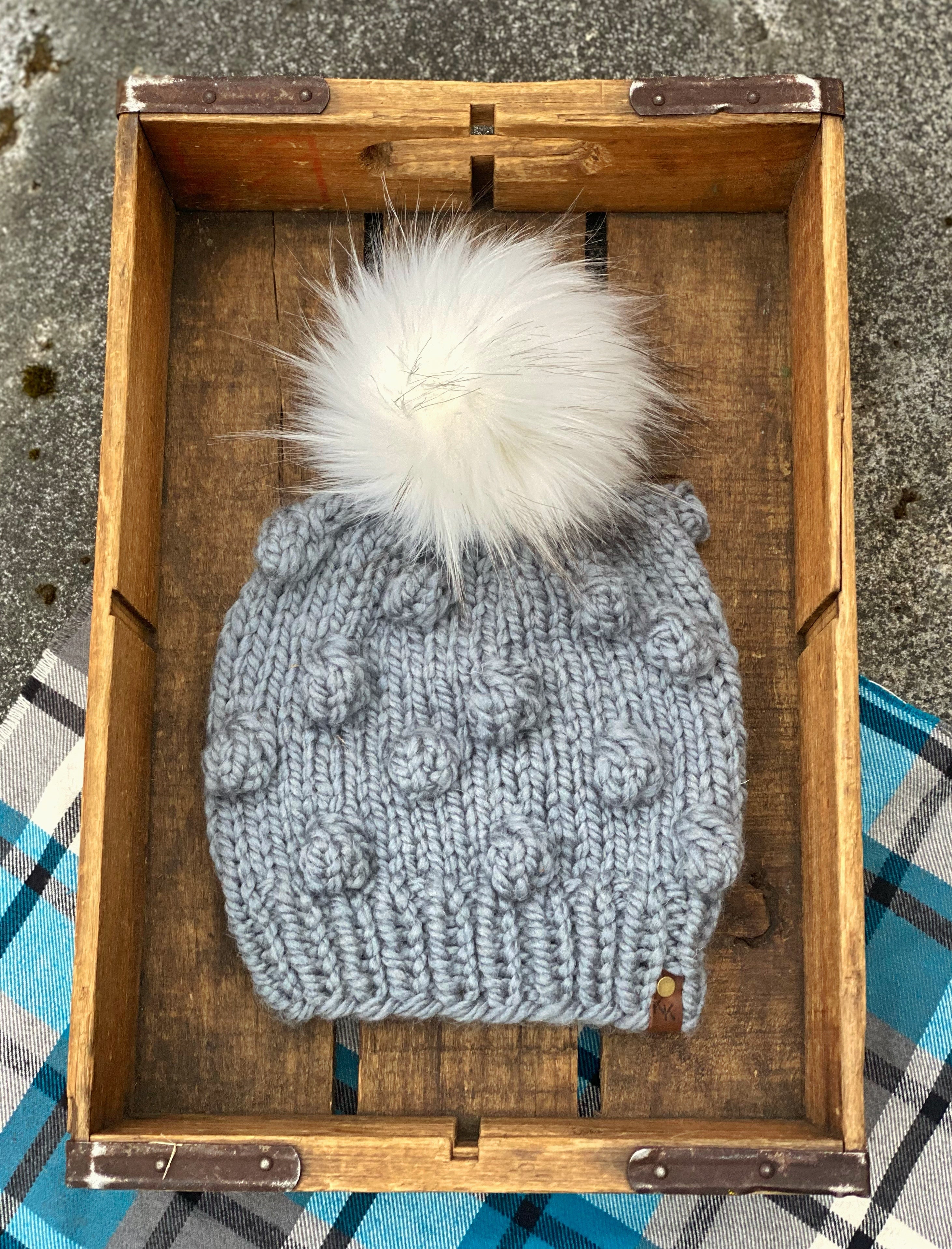 Slate Grey Knit Bobble Beanie, Womens Hand Knit Hat, Acrylic/Wool Yarn Faux Fur Pom