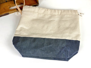 Railroad Stripe Waxed Canvas and Plaid Pendleton Wool Project Bag Knit or Crochet Drawstring Tote Strap Flat Bottom