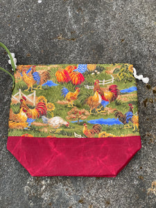 Fall Chickens Cotton Project Bag, Project Bag for Knitters, Waxed Canvas et Bag, Whimsical Project Bag