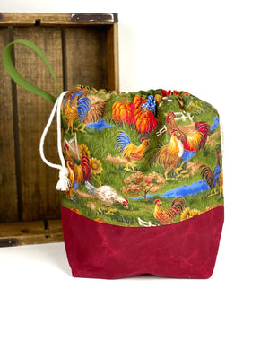 Fall Chickens Cotton Project Bag, Project Bag for Knitters, Waxed Canvas et Bag, Whimsical Project Bag