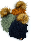 Chunky Bobble Beanie and Faux Fur Pom, Womens Wool Blend Hat, Pom Pom Hat