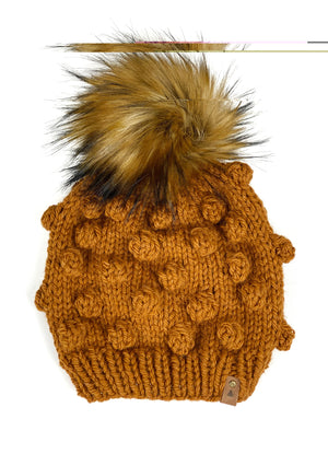 Chunky Bobble Beanie and Faux Fur Pom, Womens Wool Blend Hat, Pom Pom Hat