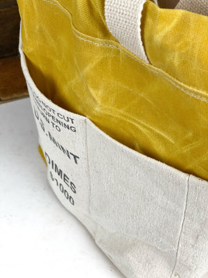 US Mint Yellow Waxed Canvas Project Bag Knit or Crochet Drawstring Tote Strap Flat Bottom