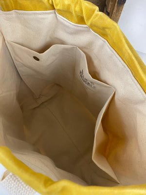 US Mint Yellow Waxed Canvas Project Bag Knit or Crochet Drawstring Tote Strap Flat Bottom