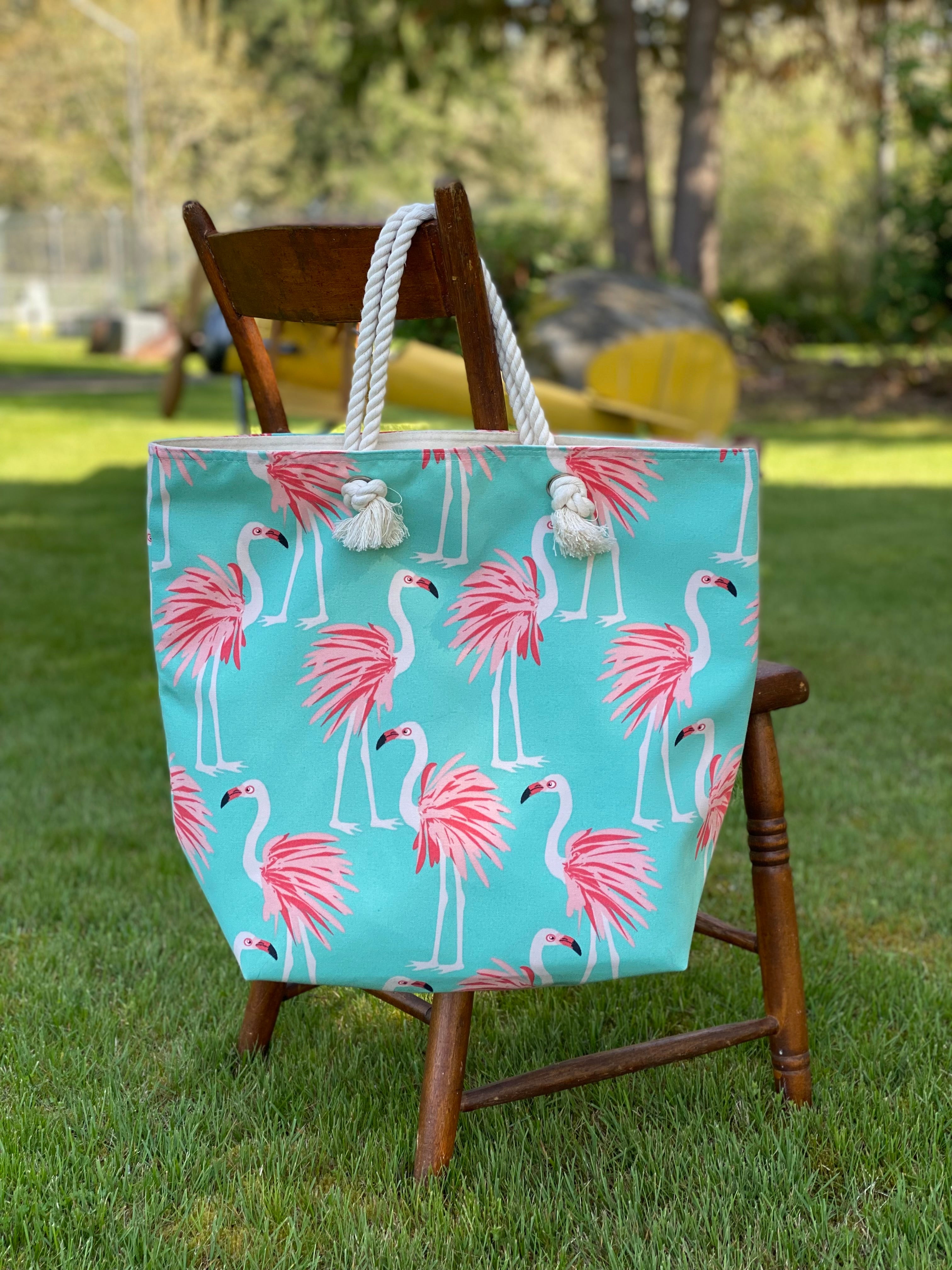 Flamingo Beach Tote with Rope Handles, Tote Bag, Beach Bag, Reusable Grocery Tote, Farmers Market Bag