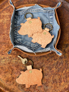 Embossed Leather Die Cut Pig Charm Purse Bag Backpack Vegetable Tanned Keychain Keyring Key Fob