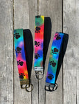 Rainbow Tie Dye Paw Print Wristlet Key Fob, Colorful Wrist Key Chain Holder, Cute Wristlet Keychain, Fabric Keyring Strap
