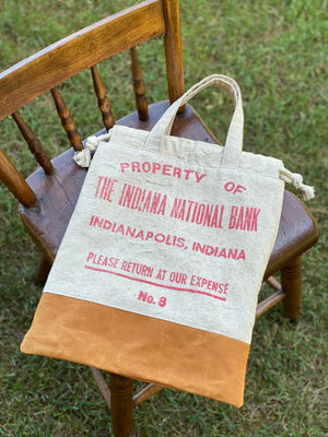 Vintage Indiana National Bank Indianapolis Upcylced Money Bag Canvas Tote Project Beach Carryall