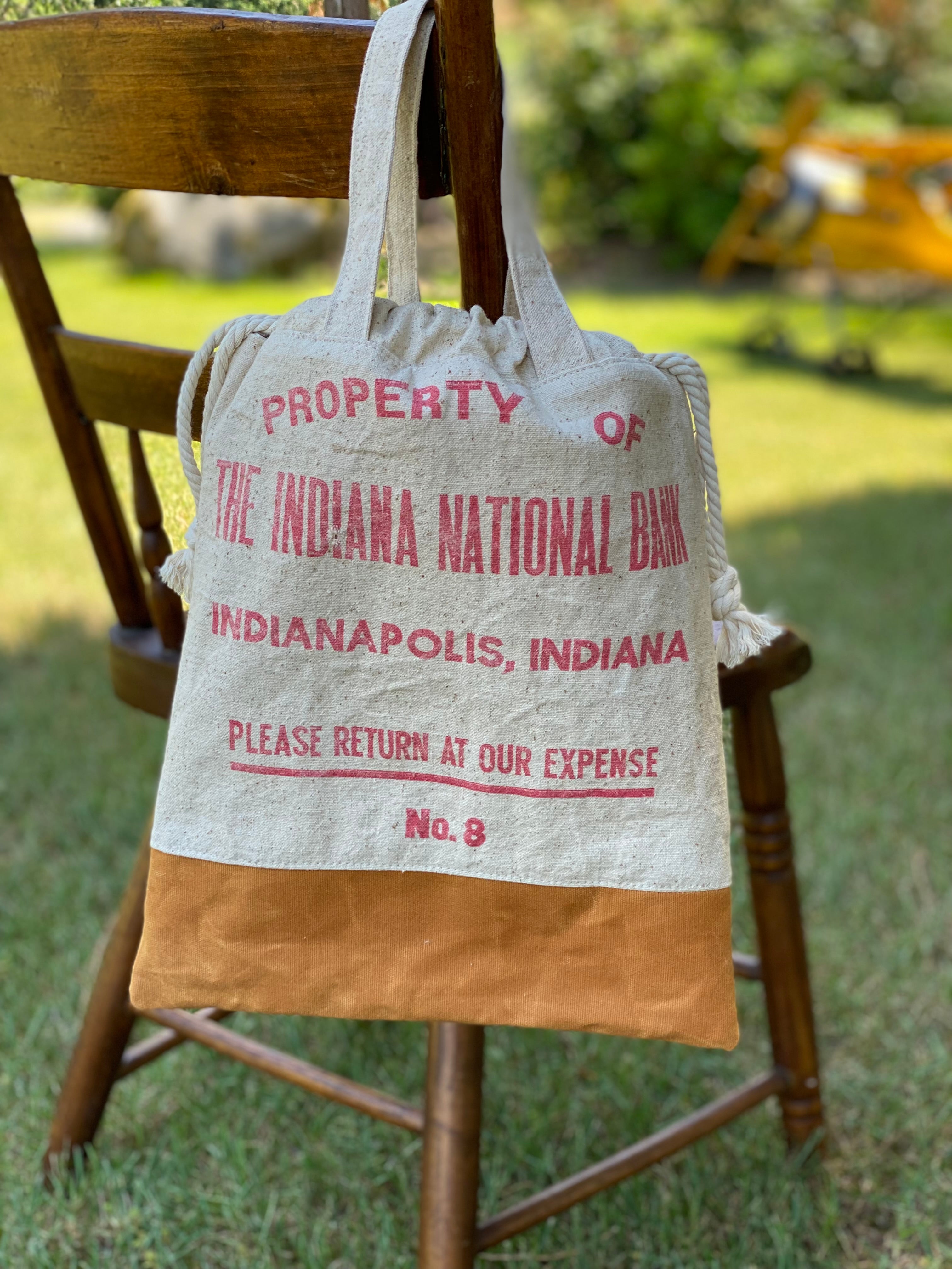 Vintage Indiana National Bank Indianapolis Upcylced Money Bag Canvas Tote Project Beach Carryall