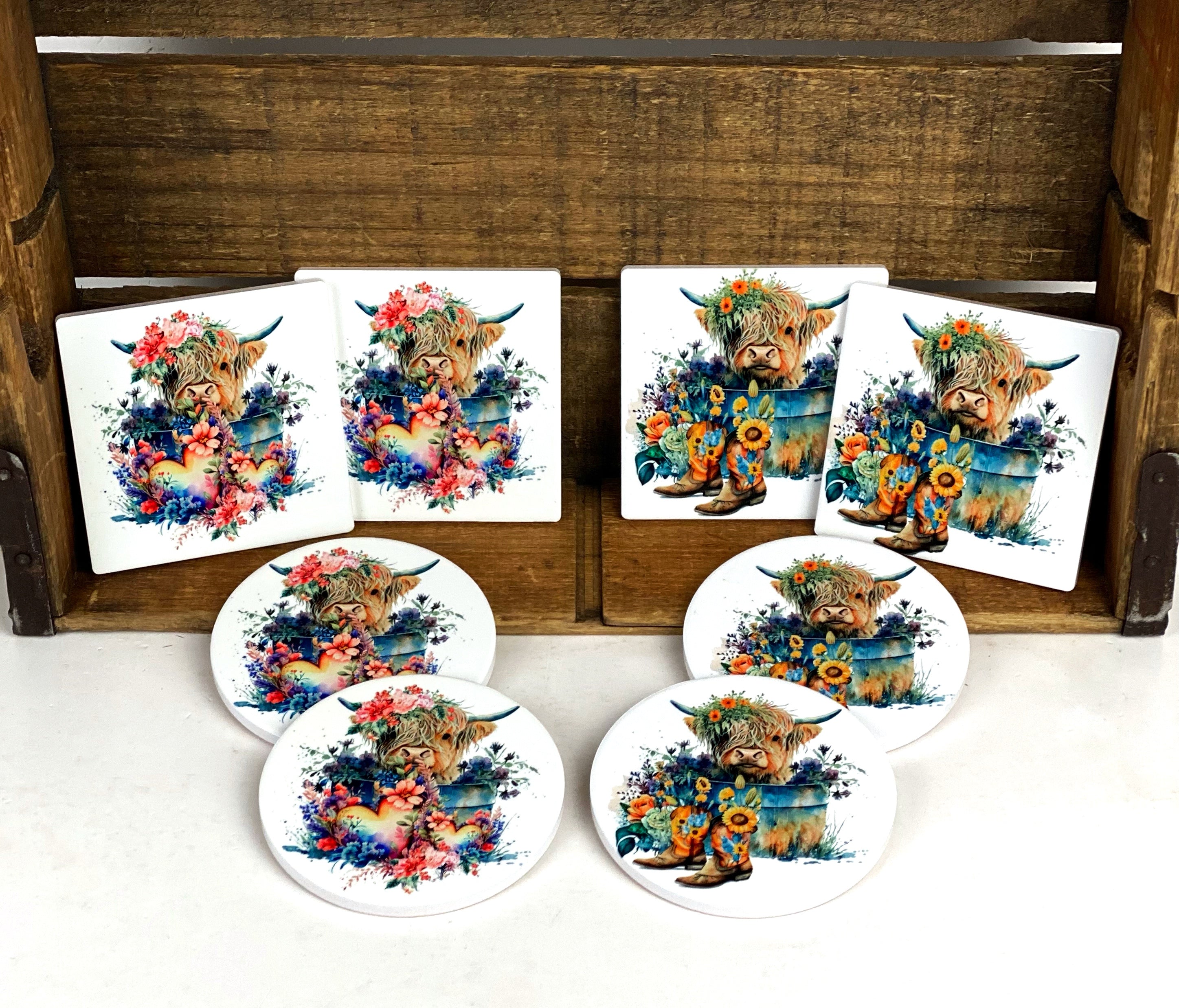 Highland Cow Ceramic Coasters, Sublimation Coaster Set of 2, Farmhouse Decor