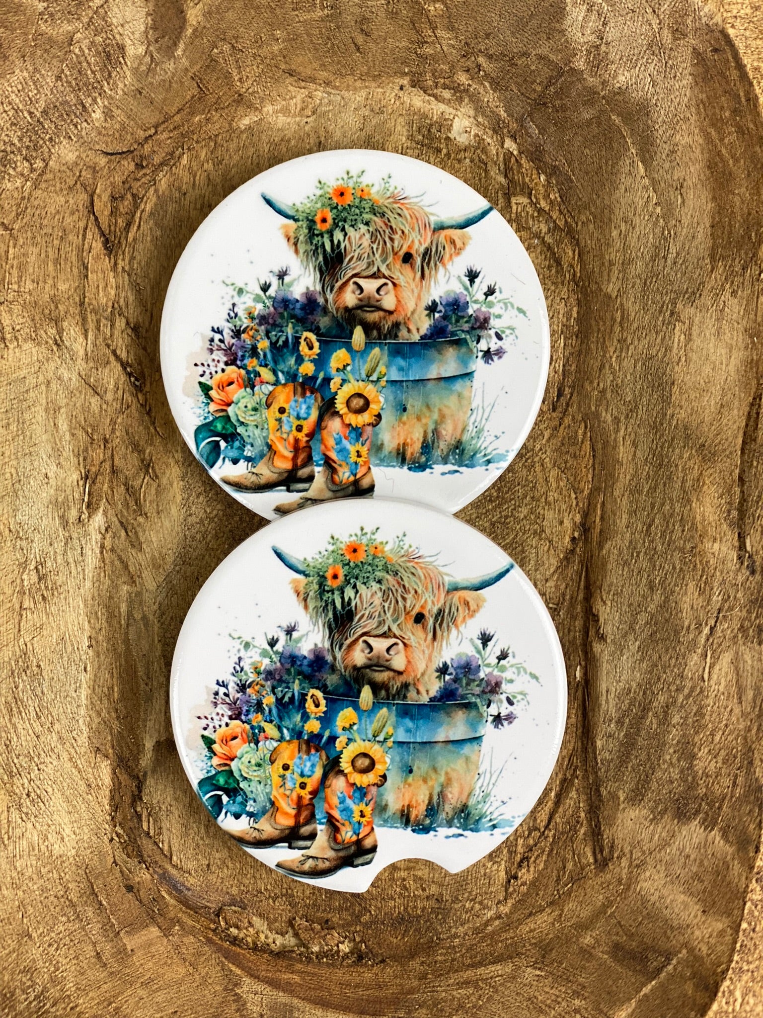 Highland Cow Ceramic Car Coasters, Stoneware Cup Holder Coaster Set of 2, Sublimation Coasters, Car Accessories