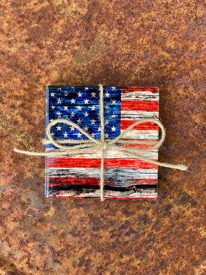 Vintage Barn Wood Look American Flag Ceramic Coasters, Sublimation Coaster Set of 2 USA