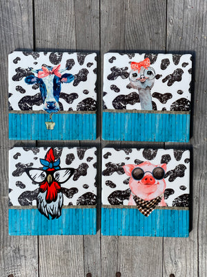 Barnyard Friends Ceramic Sublimation Coasters Pig Cow Ostrich Chicken