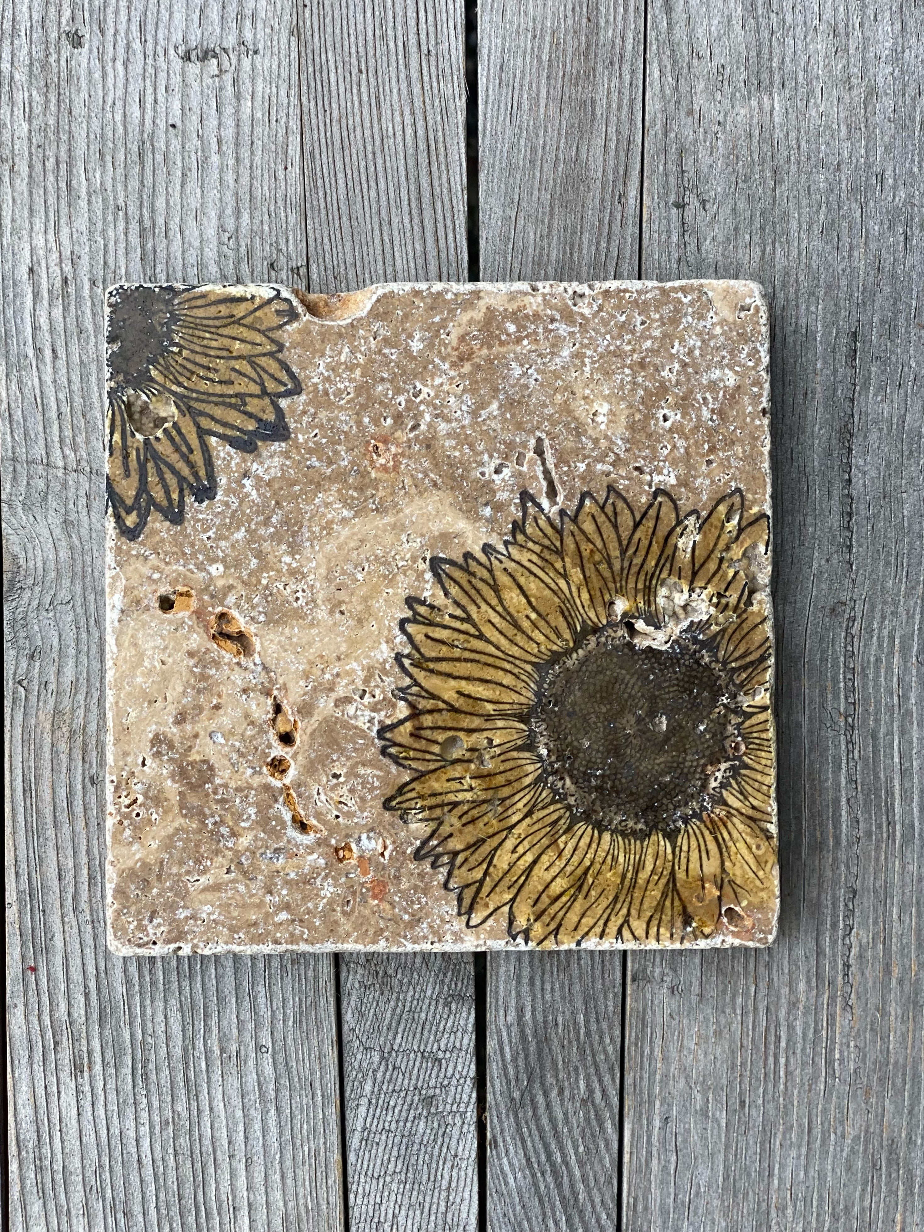 Travertine Tile Natural Absorbant Stone Ware Coasters Sunflower Set of Two Coasters