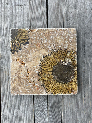 Travertine Tile Natural Absorbant Stone Ware Coasters Sunflower Set of Two Coasters