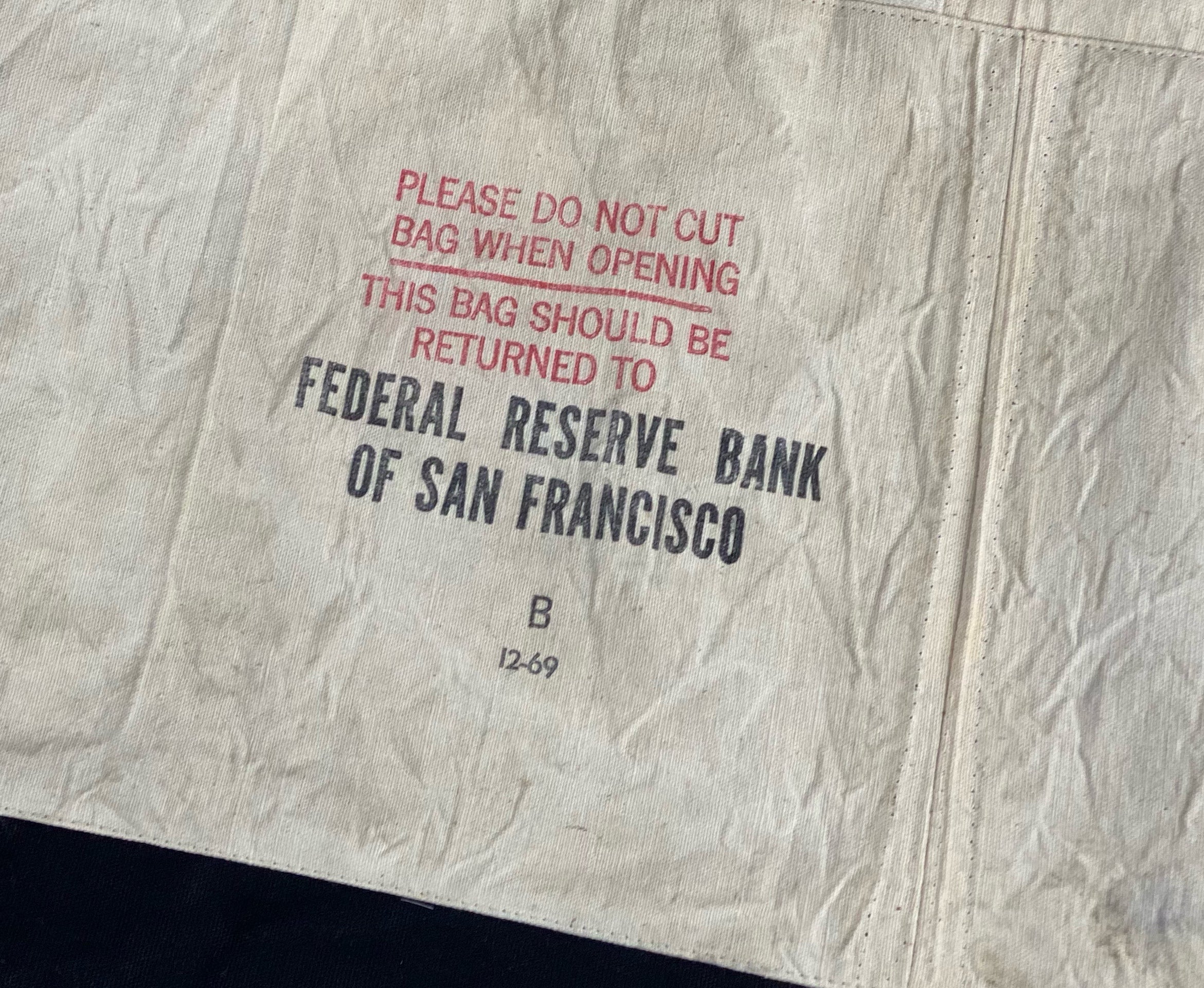 Vintage San Francisco Federal Reserve Bank 12/69 US Mint Upcycled Money Bag Canvas Tote Project Beach Carryall