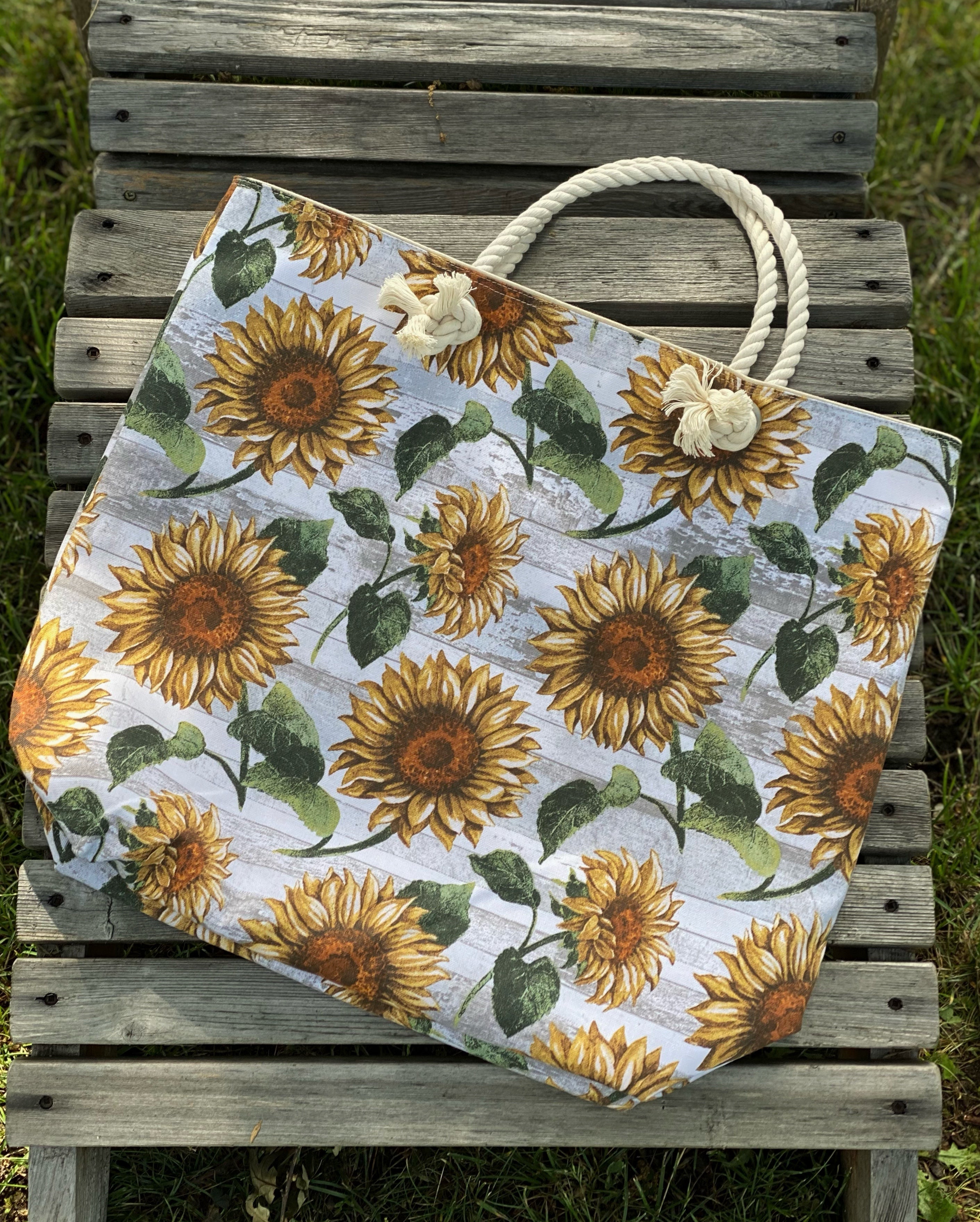 Sunflower on Wood Beach Tote with Rope Handles, Tote Bag, Beach Bag, Reusable Grocery Tote, Farmers Market Bag