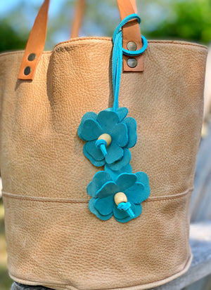 Leather Flower and Bead Purse Tassel Bag Charm