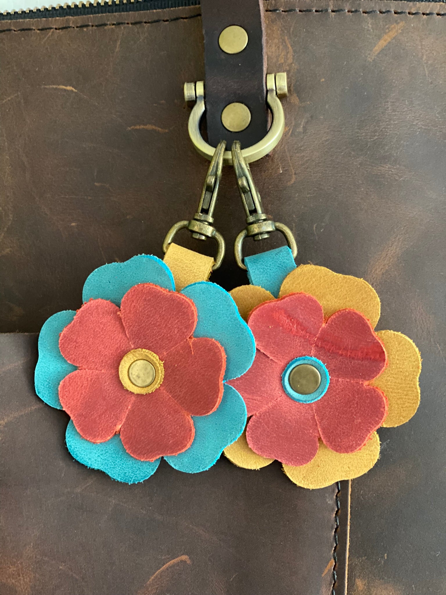 Clip on Leather Flower Bag Purse Charm with Swivel Lobster Clasp