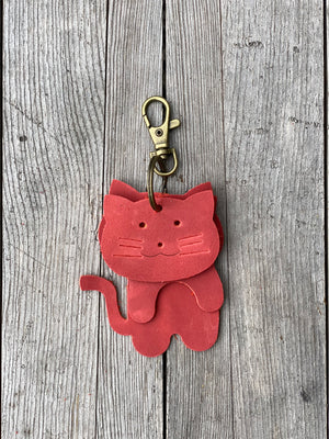 Leather Cat Keyring Purse Charm, Bag Clip on Cat Fob, Cute Cat Lovers Accessory