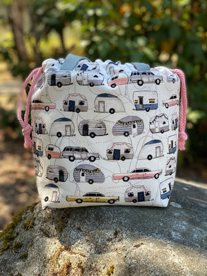 Vintage Cars and Campers Project Bag,  Canvas Project Bag, Project Bag for Knitters, Crochet Project Bag, Handmade by Kitchen Klutter