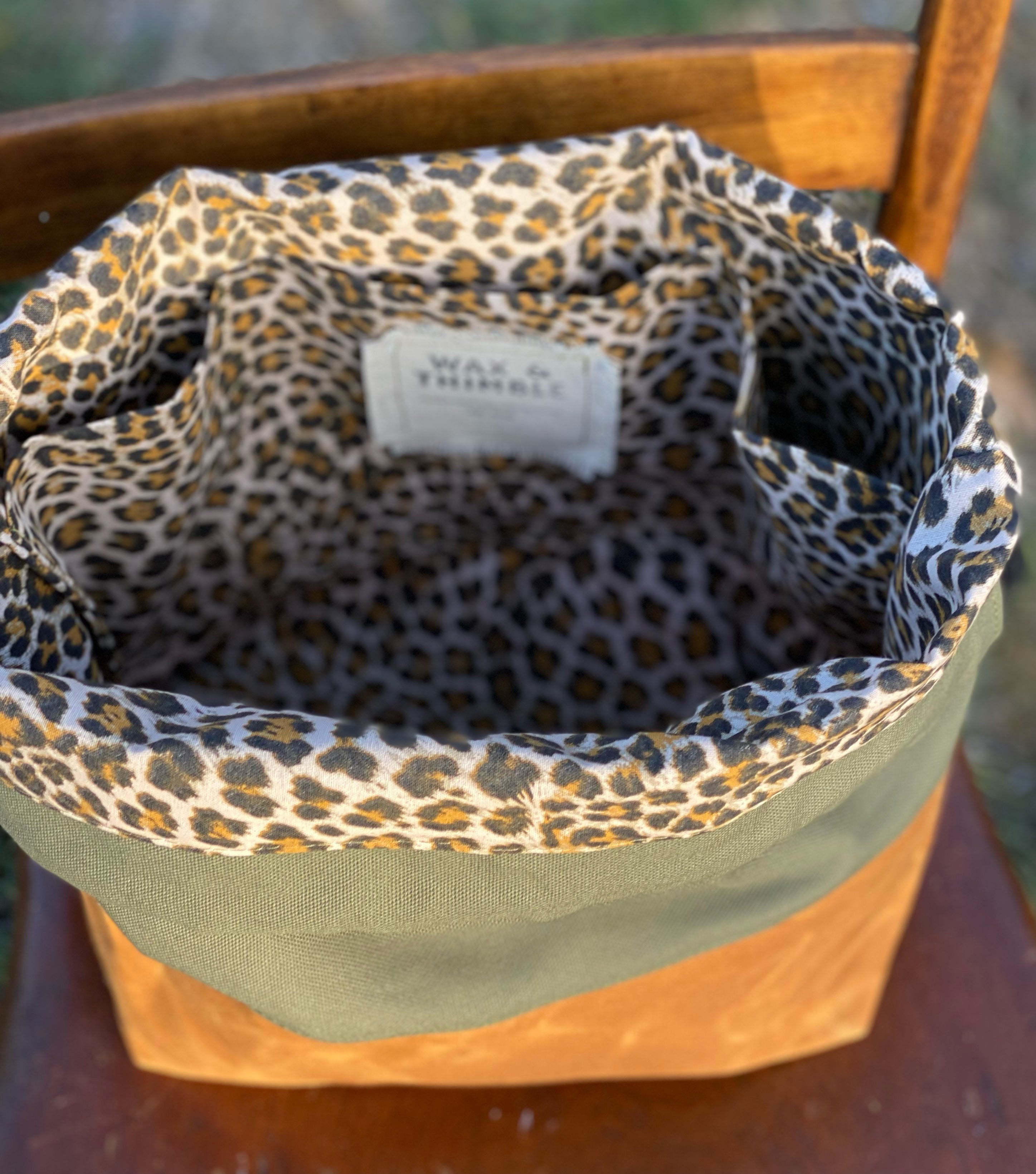 Olive, Leopard and Whiskey Waxed Canvas Project Bag, Canvas Project Bag, Project Bag for Knitters, Knitting Bag