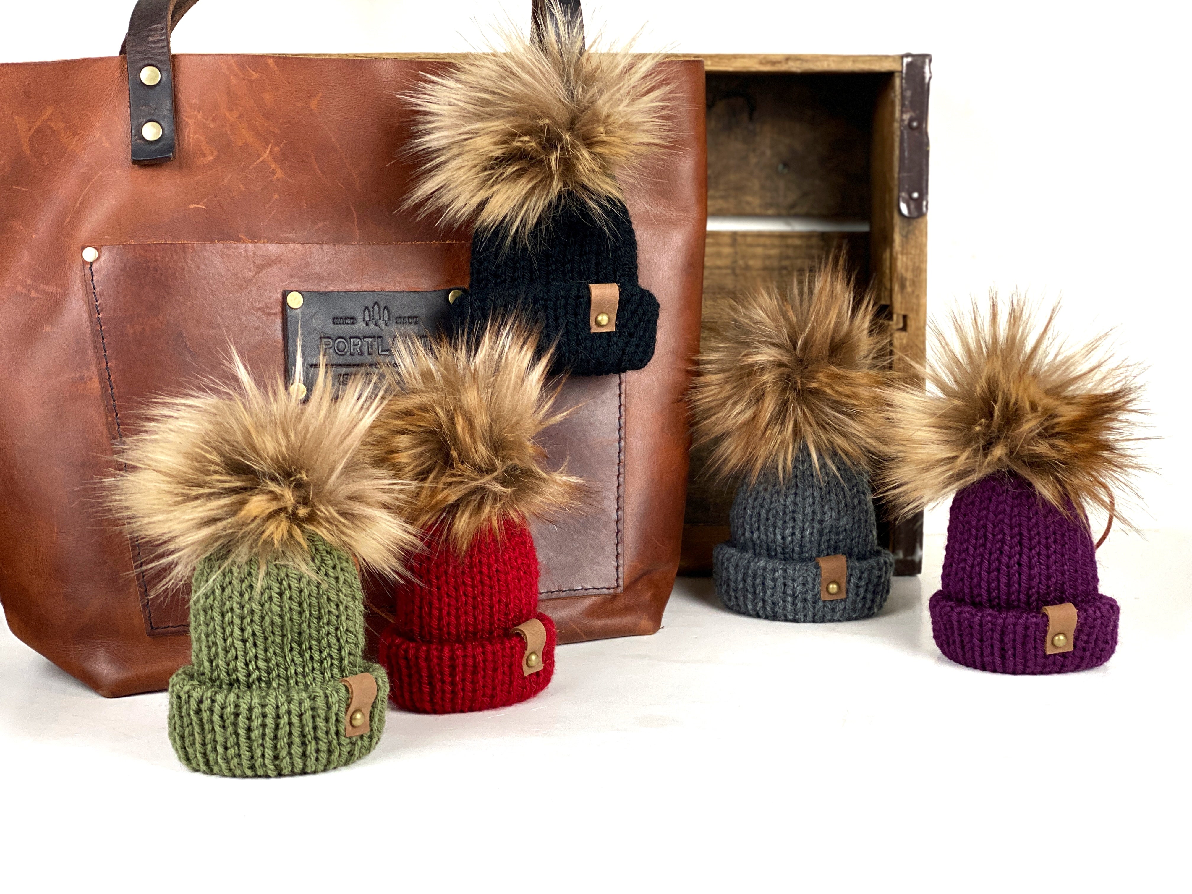 Mini Knit Hat Purse Charm or Tree Ornament, Acrylic Folded Brim Tiny Hat Ornaments, Miniature Beanie Christmas Decor